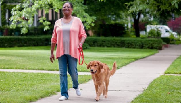 WOMAN WALKS DOG